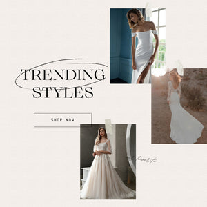 Collage of bridal fashion images featuring women in elegant wedding dresses from top bridal shops, with text "trending styles" and a "shop now" button.