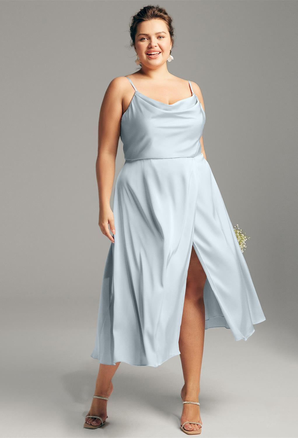 Renee - Satin Charmeuse Bridesmaid Dress - Off the Rack by Bergamot Bridal with slit available at a bridal shop in London.