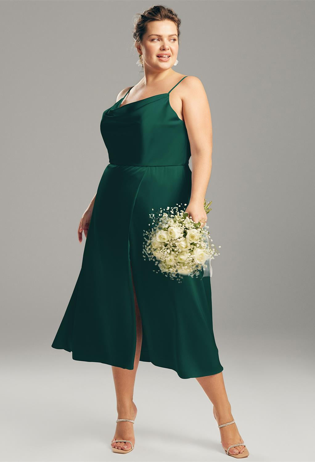 Renee - Satin Charmeuse Bridesmaid Dress - Off the Rack by Bergamot Bridal in emerald green available at bridal shops in London.