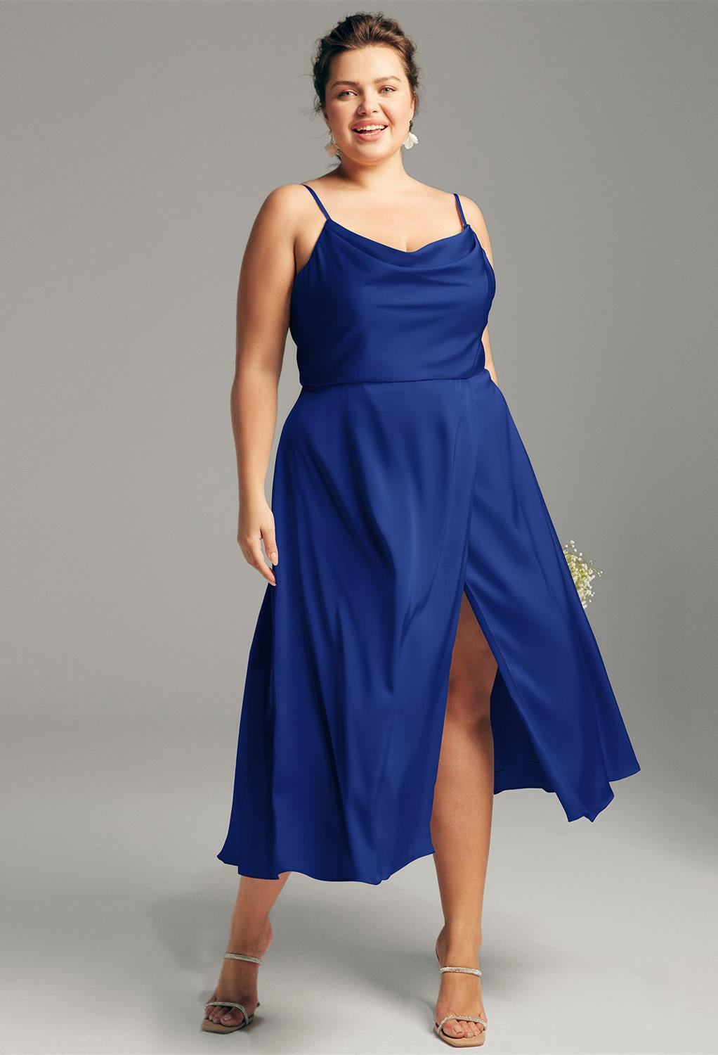 Renee - Satin Charmeuse Bridesmaid Dress - Off the Rack by Bergamot Bridal with a slit available at bridal shops in London.