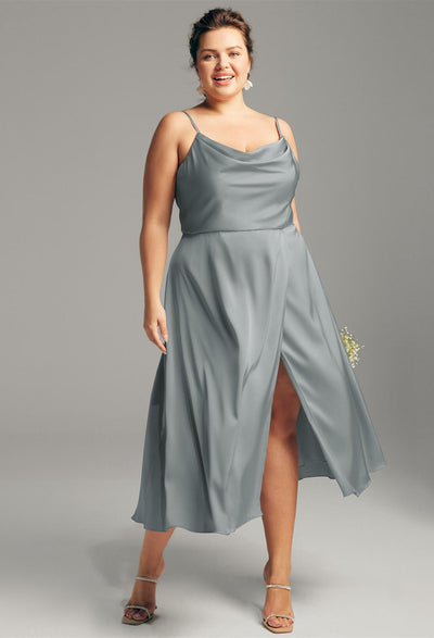 Renee - Satin Charmeuse Bridesmaid Dress - Off the Rack by Bergamot Bridal with slit available at a bridal shop in London.