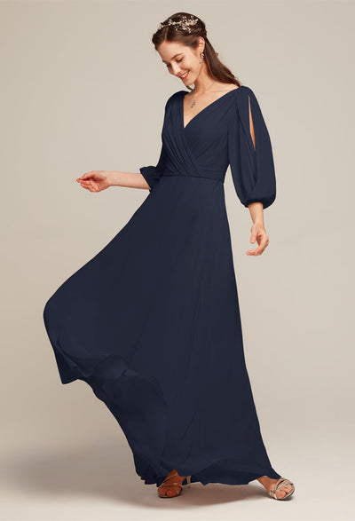 Polly - Chiffon Bridesmaid Dress - Off the Rack by Bergamot Bridal, with v-neck and sleeve, in a bridal shop.