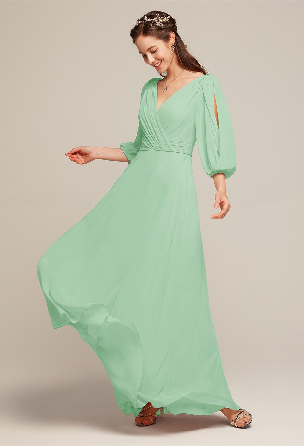 Polly - Chiffon Bridesmaid Dress - Off the Rack from Bergamot Bridal, with a v-neck and sleeve ruffles.
