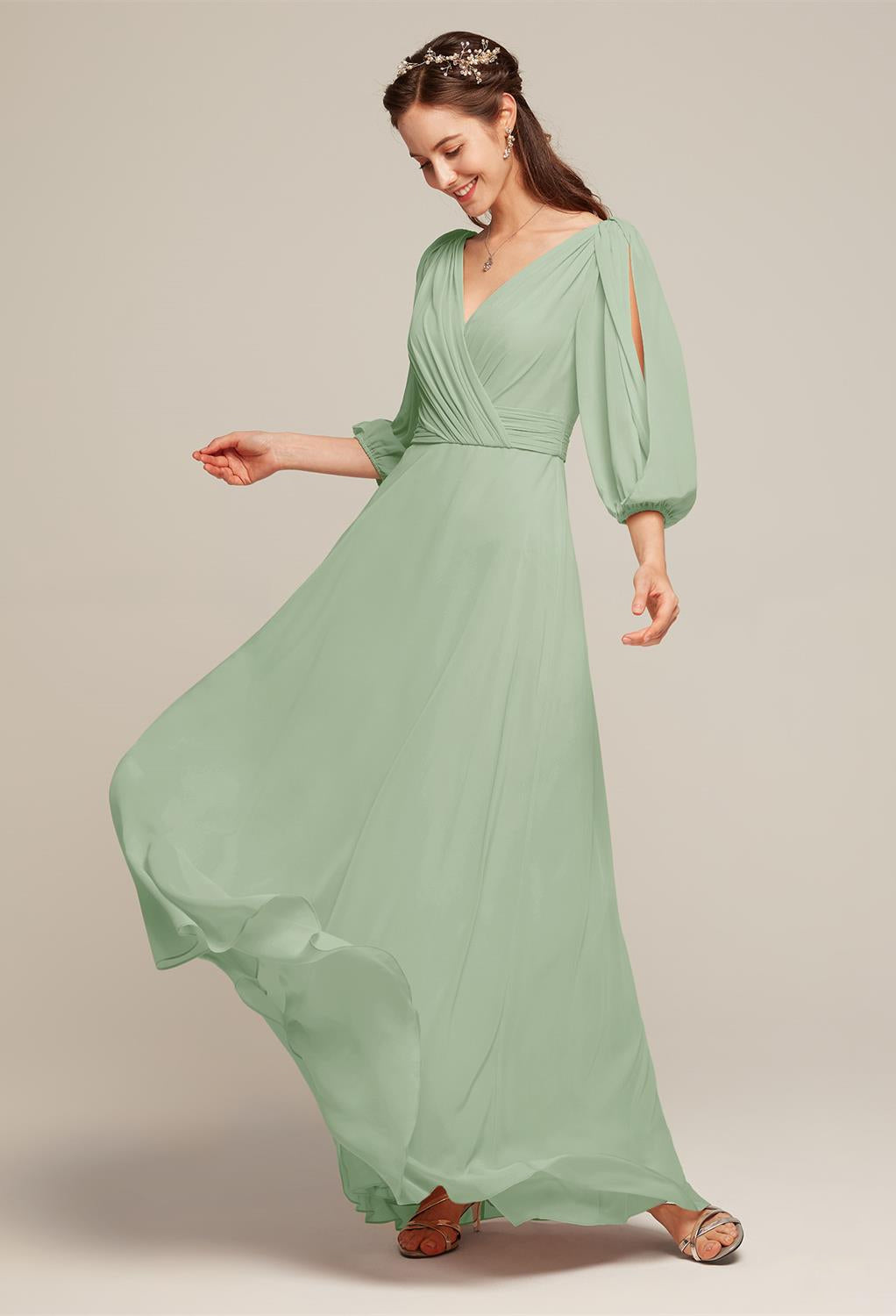 Bergamot Bridal's Polly - Chiffon Bridesmaid Dress - Off the Rack with a v - neck is available at a bridal shop.