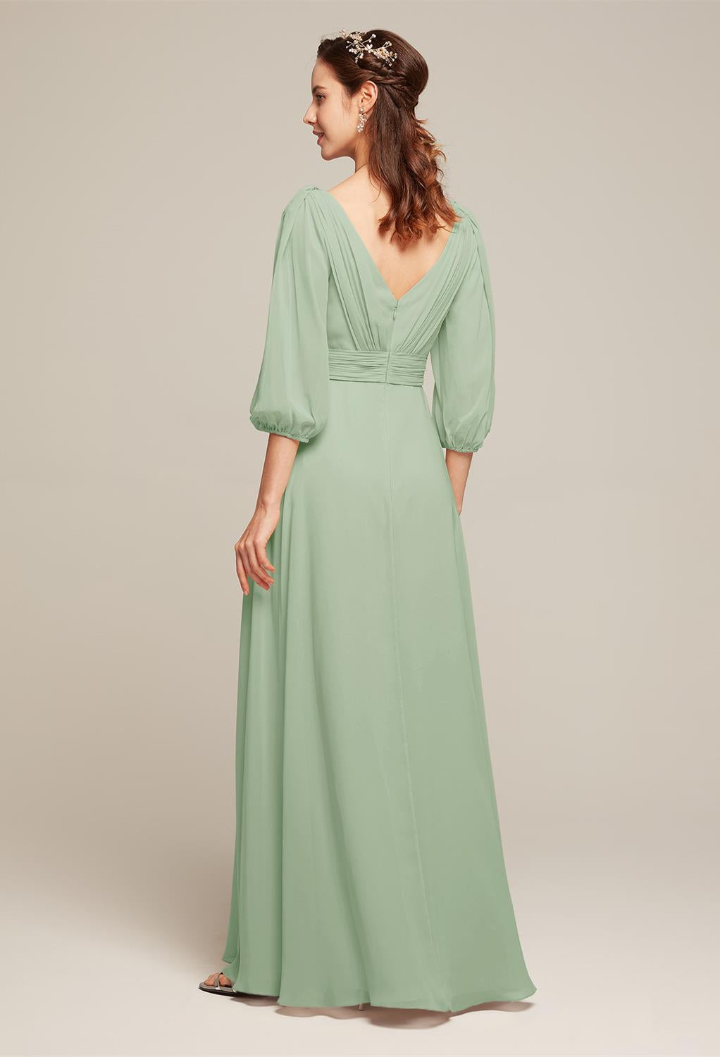 The back view of a bridesmaid in a Polly - Chiffon Bridesmaid Dress - Off the Rack by Bergamot Bridal.