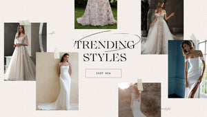Collage of women modeling various wedding dresses outdoors and indoors with text "trending styles" and a "shop now" button at bridal shops London.