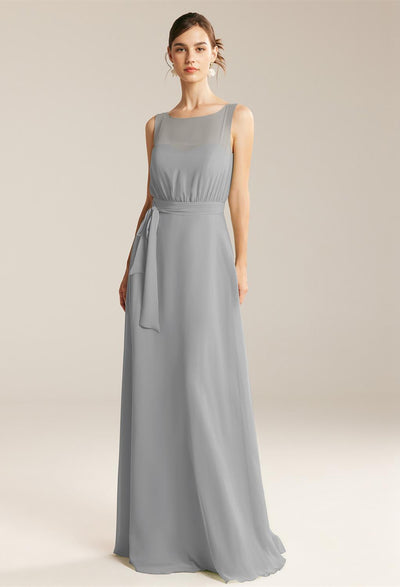 Evita - Chiffon Bridesmaid Dress - Off The Rack by Bergamot Bridal, available at a bridal shop in London, complete with sash.