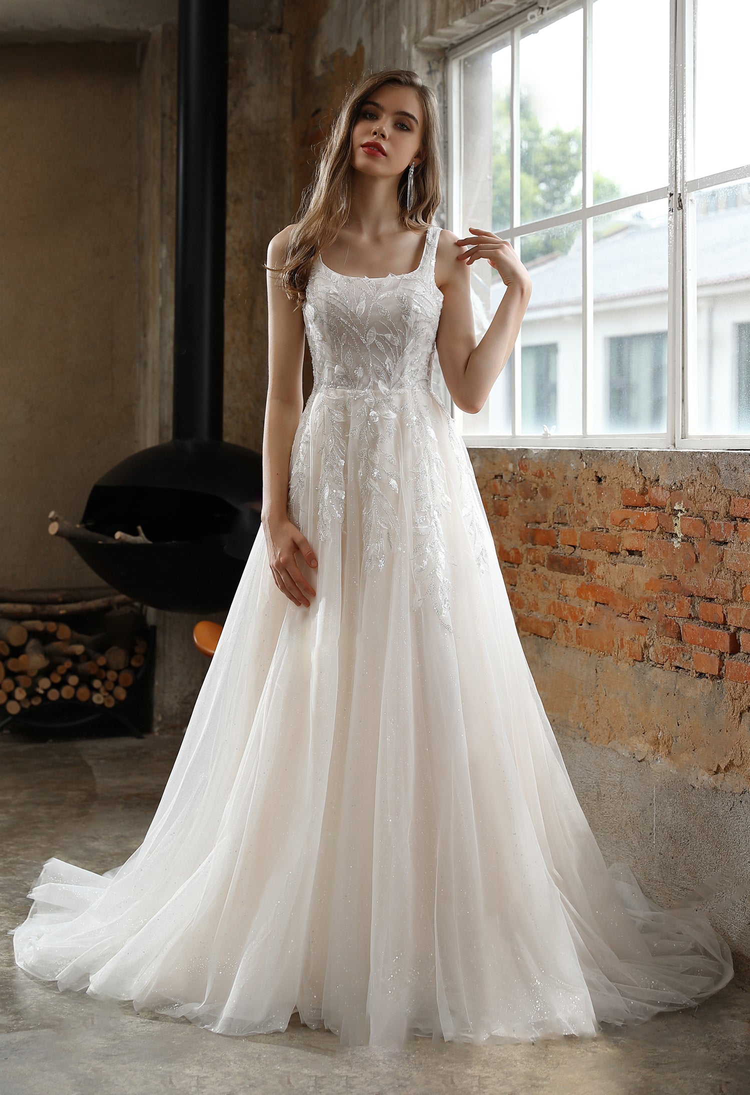Square Neckline Wedding Dress with Delicate Leafy Lace (Size 14)- Off Bergamot Bridal Square Neckline Wedding Dress with Delicate Leafy Lace (Size 14)- Off Bergamot Bridal