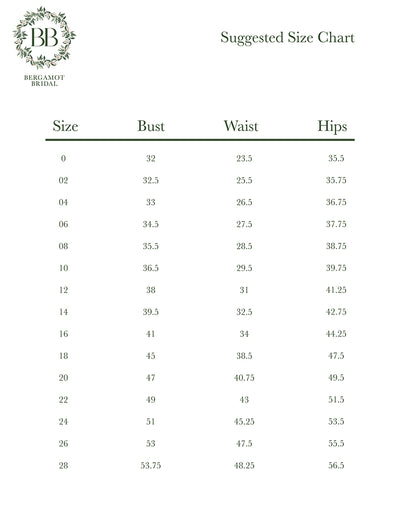 Bergamot Bridal's Crepe and Lace Fit and Flare Dress with Illusion Scalloped Train size chart showing measurements for bust, waist, and hips across various wedding gown dress sizes.