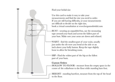 Illustration of body measurement guidelines for a Bergamot Bridal Gorgeous Lace Fit and Flare Bridal Gown with Detachable Train, indicating proper placement of measuring tape on the bust featuring a sweetheart neckline, waist, and hips, as well as the hollow to floor.