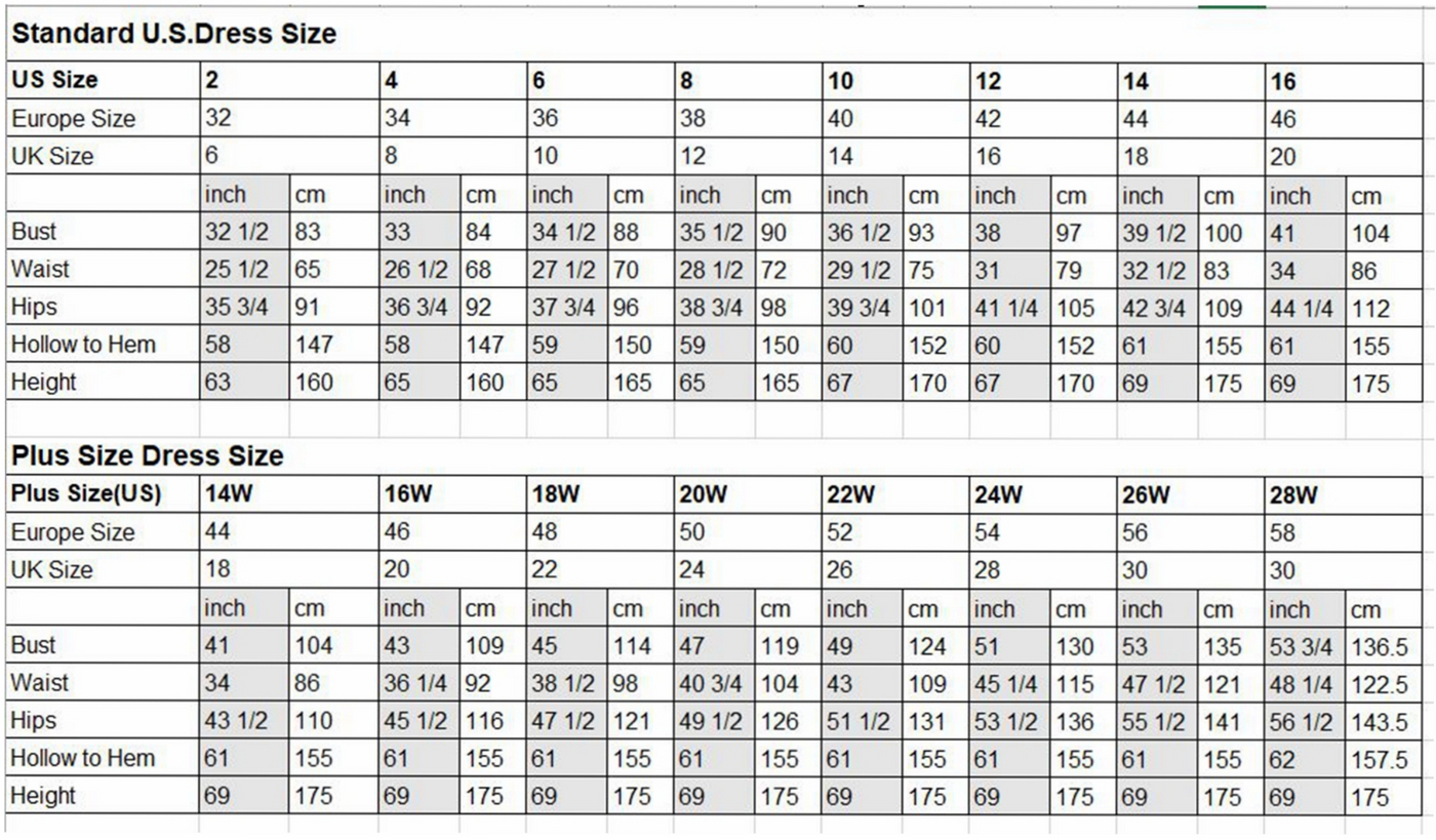 A dress size chart for men and Bergamot Bridal customers looking for the Bohemian Spaghetti Strap V-Back A-Line Ball Gown Bridal Gown - Off The Rack.