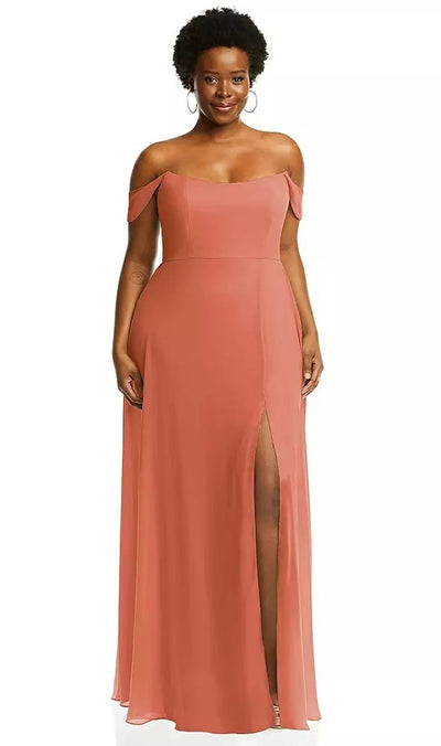 Elegantly donned in Bergamot Bridal's After Six Style 1560, this off-the-shoulder Basque neck maxi dress in coral lux chiffon features a front slit and flounce sleeves, perfect for a graceful look.