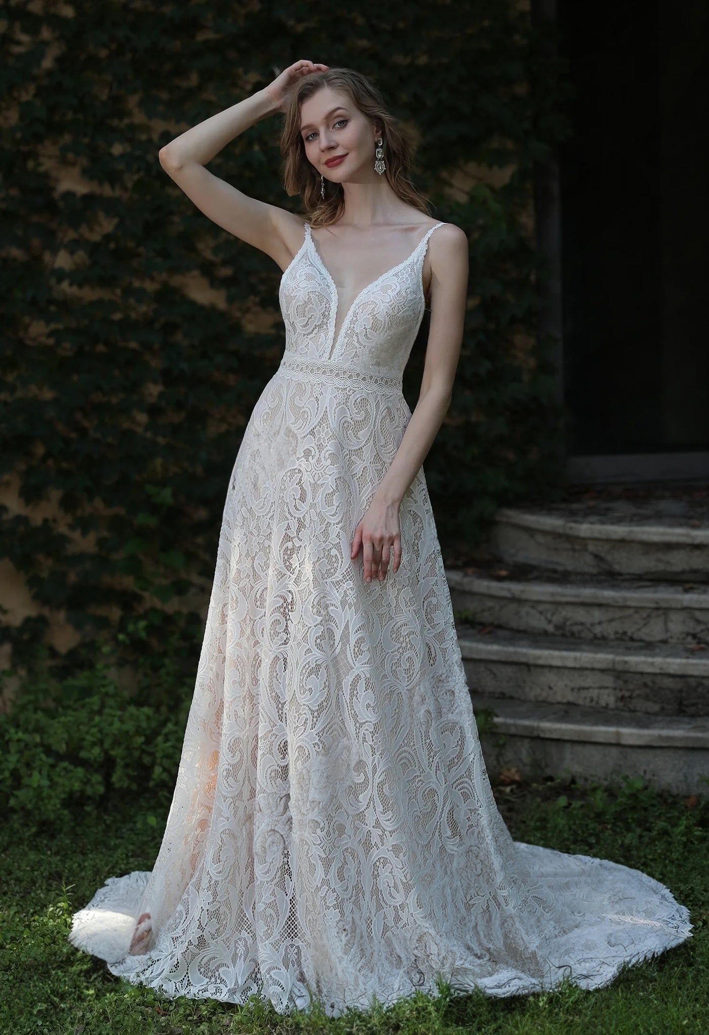 Boho Lace Wedding Dress With Spaghetti Straps and Removable Bell