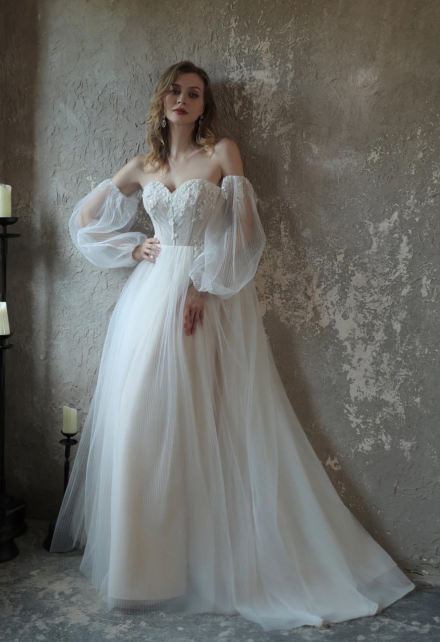 Tulle Flowy Wedding Dress Enchanting Pleated Tulle A-line Wedding Dress With Puff Sleeves Tulle Flowy Wedding Dress Enchanting Pleated Tulle A-line Wedding Dress With Puff Sleeves