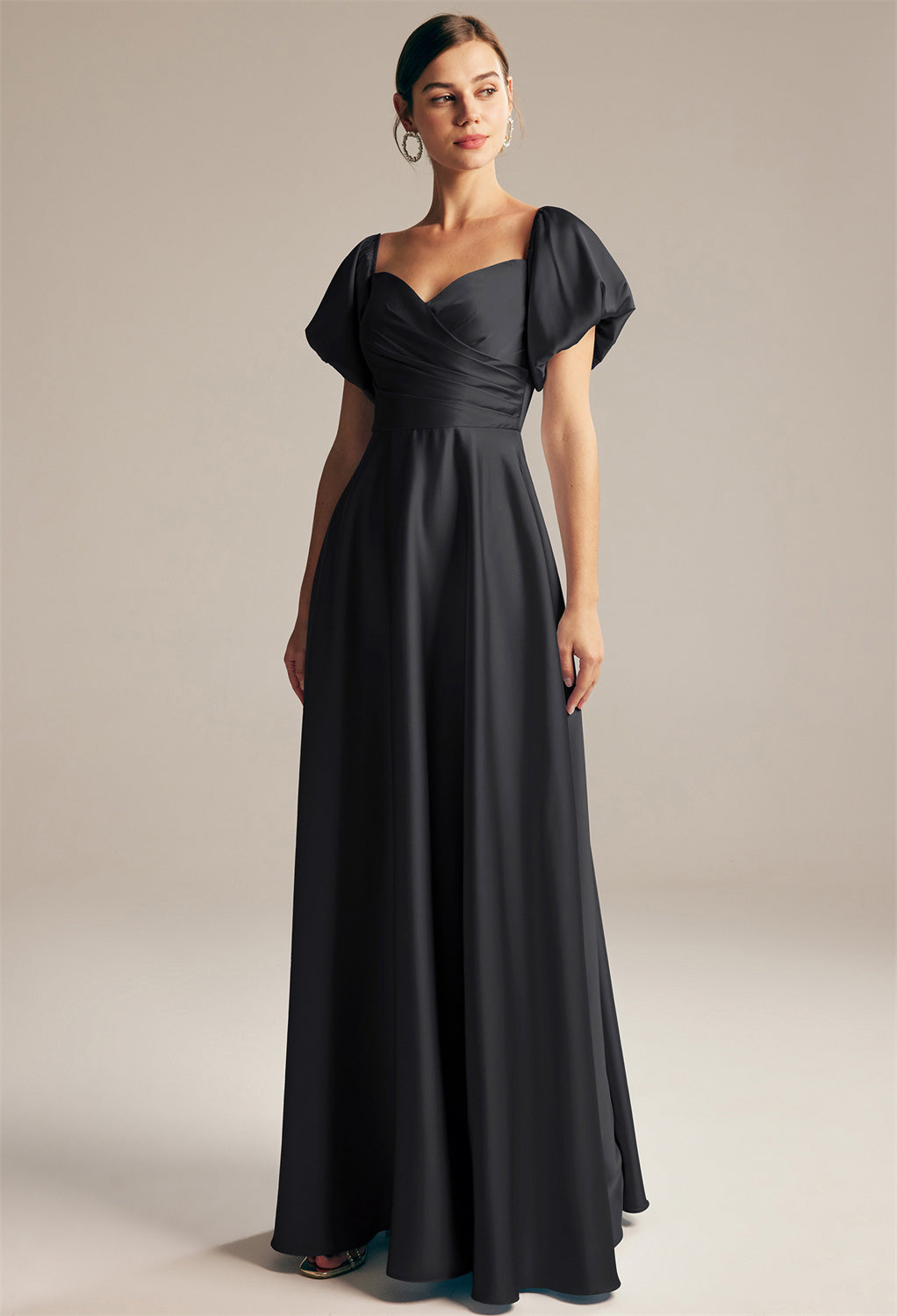 A Dey - Satin Charmeuse Bridesmaid Dress - Off The Rack with puff sleeves available at Bergamot Bridal.