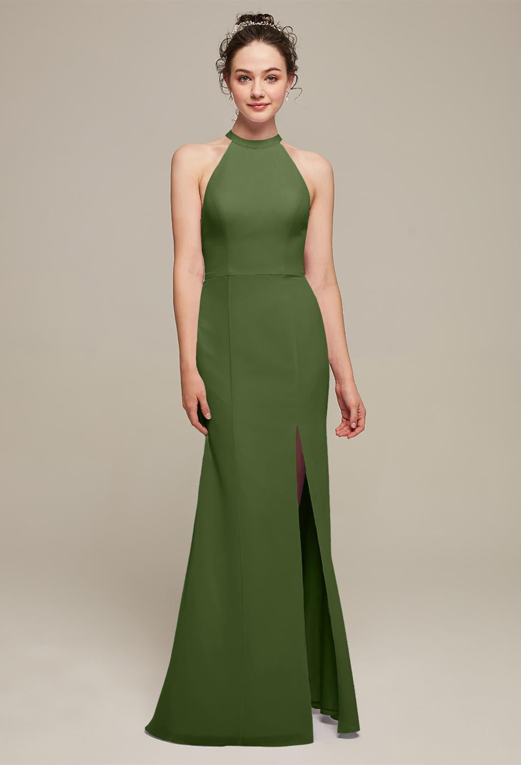 A bridesmaid in the Ailsa - Chiffon Bridesmaid Dress - Off The Rack from Bergamot Bridal, with a halt slit.