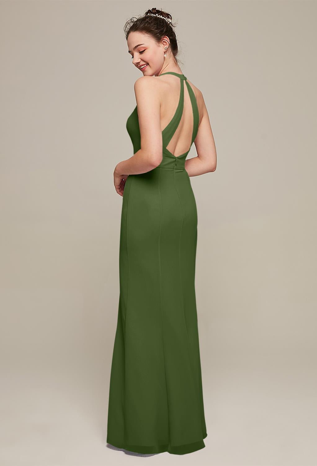 The back view of a woman in a Ailsa - Chiffon Bridesmaid Dress - Off The Rack at Bergamot Bridal.