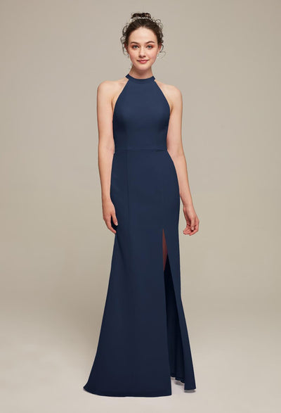 A bridesmaid in a navy blue Ailsa - Chiffon Bridesmaid Dress - Off The Rack gown from Bergamot Bridal.