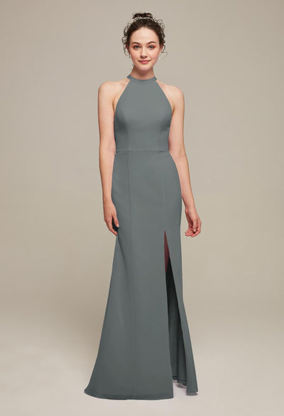 The bridesmaid is wearing a grey gown from Bergamot Bridal, specifically the Ailsa - Chiffon Bridesmaid Dress - Off The Rack.