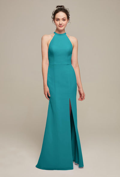 A bridesmaid wearing an Ailsa - Chiffon Bridesmaid Dress - Off The Rack in teal with a slit found at Bergamot Bridal in London.