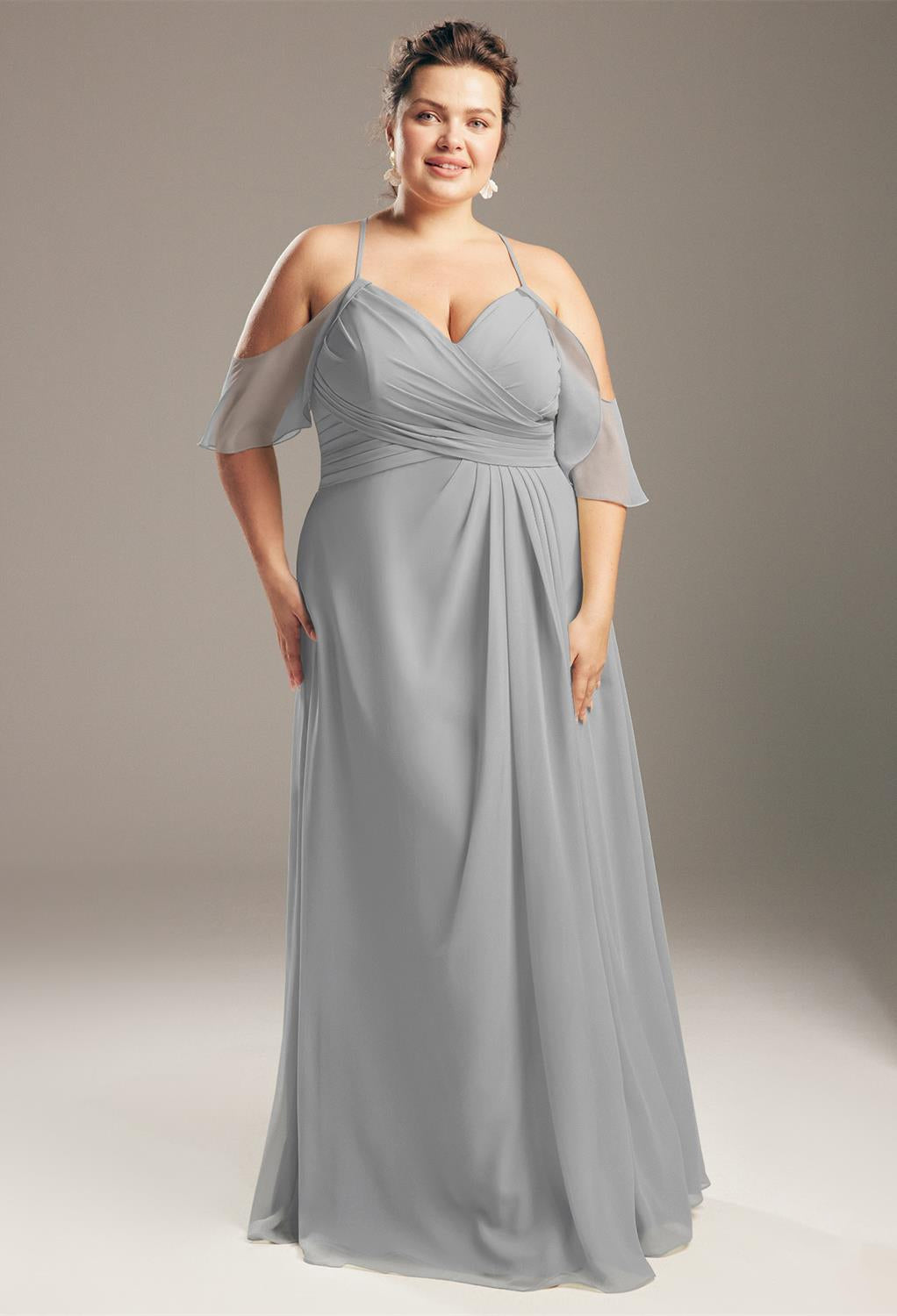 A plus size bridesmaid in a grey Jenifer - Chiffon Bridesmaid Dress - Off the Rack from Bergamot Bridal in London.