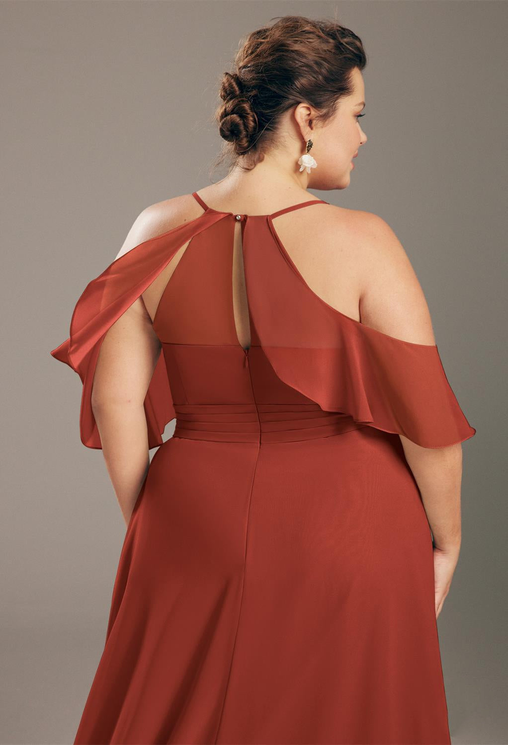 The back of a Jenifer - Chiffon Bridesmaid Dress - Off the Rack in red from Bergamot Bridal.