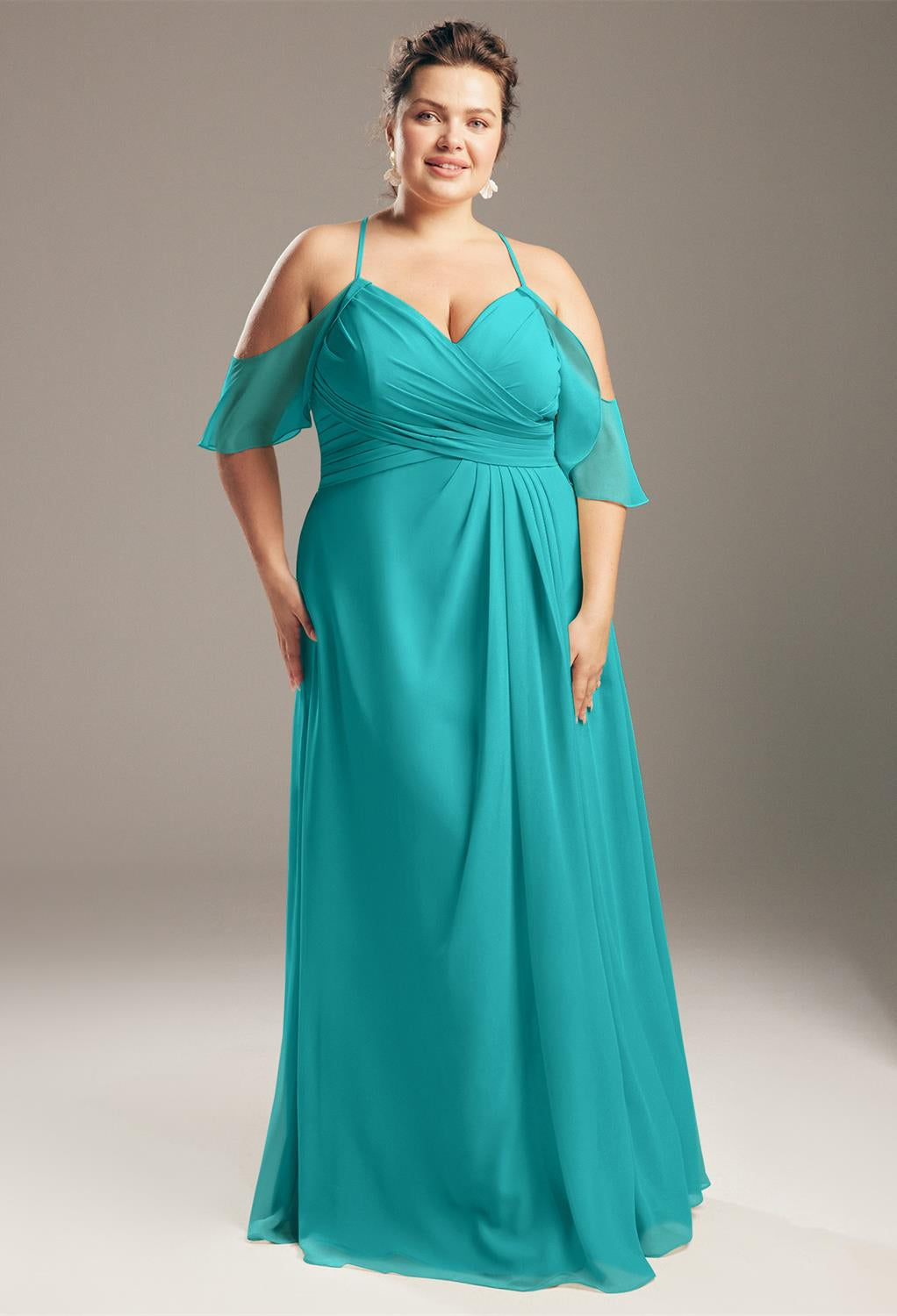 A Jenifer - Chiffon Bridesmaid Dress - Off the Rack in teal at Bergamot Bridal.