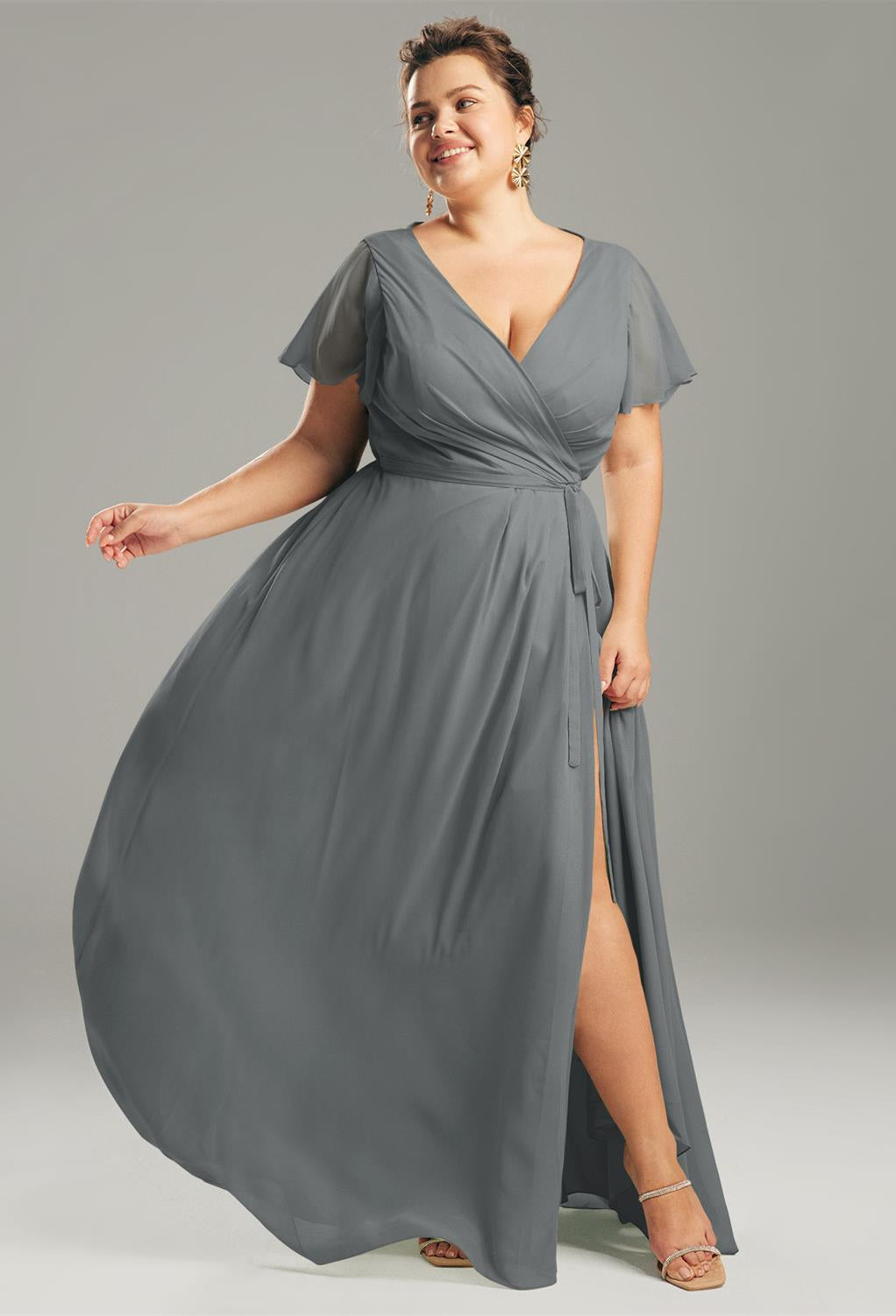 An Ellison - Chiffon Bridesmaid Dress - Off The Rack with a split slit is available at Bergamot Bridal, a bridal shop in London.