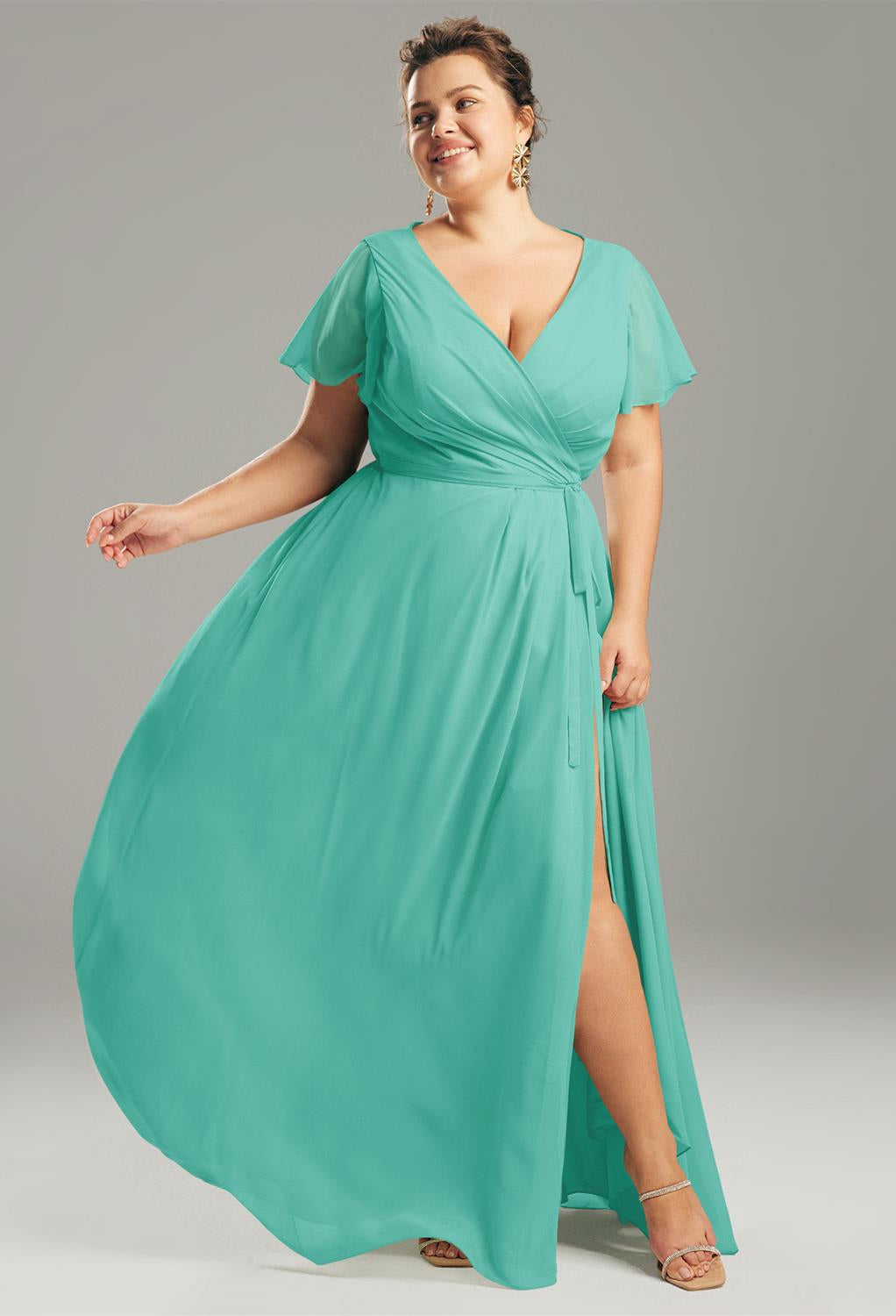 Ellison - Chiffon Bridesmaid Dress - Off The Rack with slit can be found at Bergamot Bridal, a bridal shop in London.