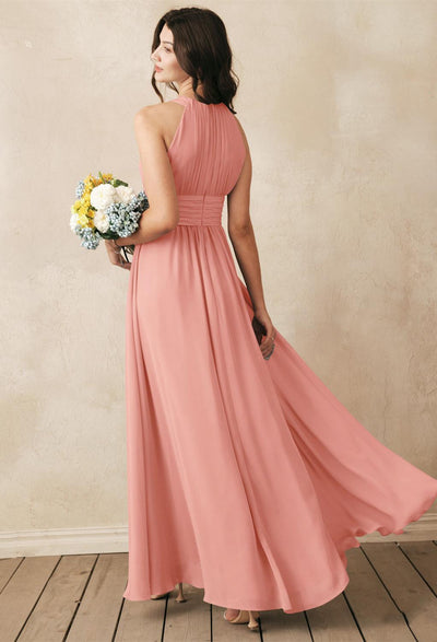 A bride in a long pink Dorian - Chiffon Bridesmaid Dress - Off the Rack from Bergamot Bridal in London.