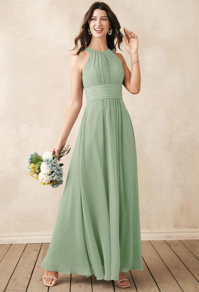 Halt floor-length Dorian - chiffon bridesmaid dress with ruffle available at Bergamot Bridal shops in London.