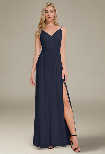 A-line floor-length Joie chiffon bridesmaid dress with v-neck and slit available at Bergamot Bridal in London.
