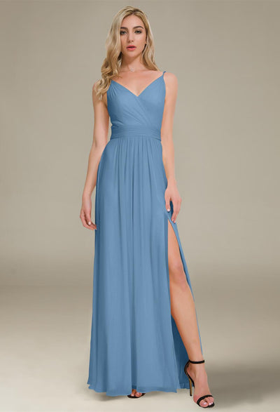A-line v-neck floor-length Joie chiffon bridesmaid dress with slit available at Bergamot Bridal bridal shops in London.