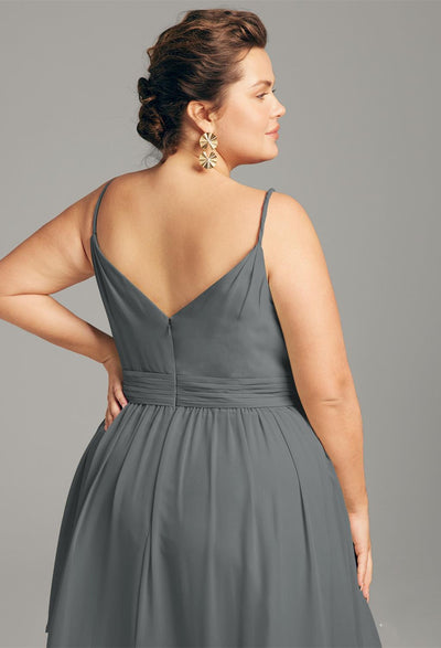The back of a Joie - Chiffon Bridesmaid Dress - Off the Rack in grey by Bergamot Bridal.