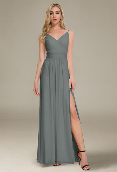 A-line floor-length Joie chiffon bridesmaid dress with slit available at Bergamot Bridal shops in London.