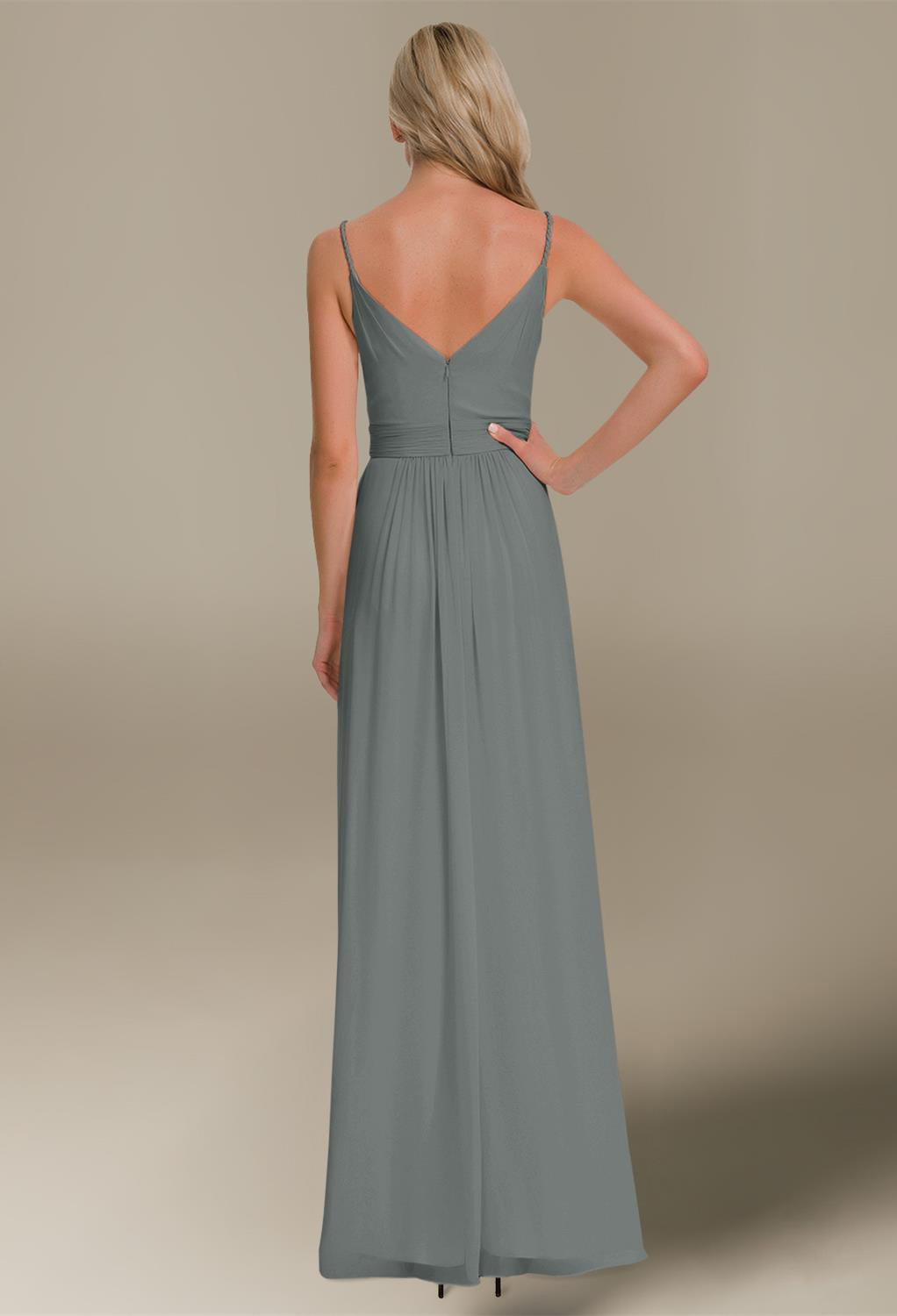 The back view of a grey Joie - Chiffon Bridesmaid Dress - Off the Rack in London. (Brand: Bergamot Bridal)