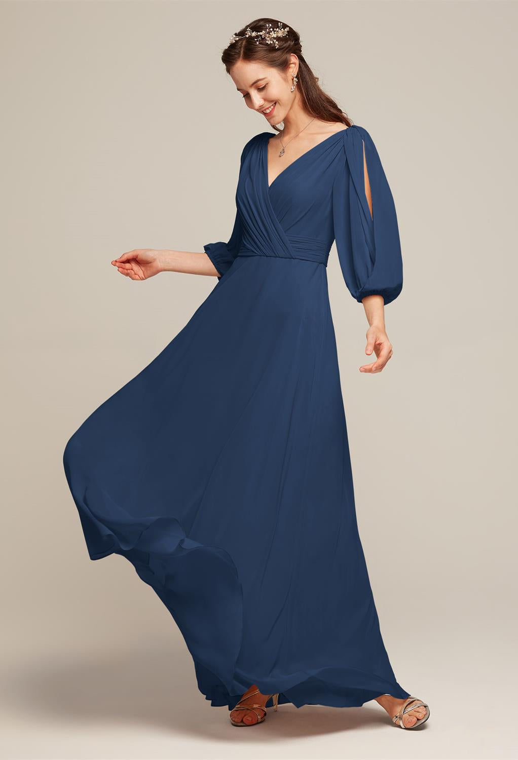 Bergamot Bridal's Polly - Chiffon Bridesmaid Dress - Off the Rack with v-neck in London bridal shop.