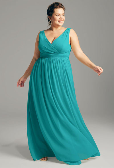 A Hilaria - Chiffon Bridesmaid Dress - Off the Rack in teal, from Bergamot Bridal, is perfect for a plus-size bridesmaid looking for a bridal shop or bridesmaid dress in London.