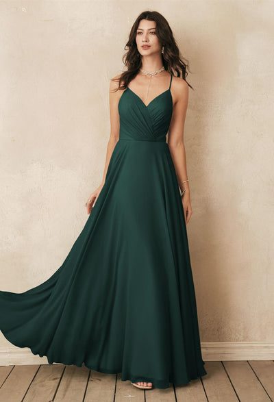 Melody - Chiffon Bridesmaid Dress - Off the Rack in emerald green available at Bergamot Bridal bridal shops in London.