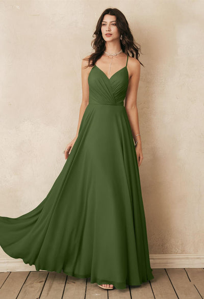 A bridesmaid in an olive green Melody - Chiffon Bridesmaid Dress - Off the Rack found at Bergamot Bridal in London.