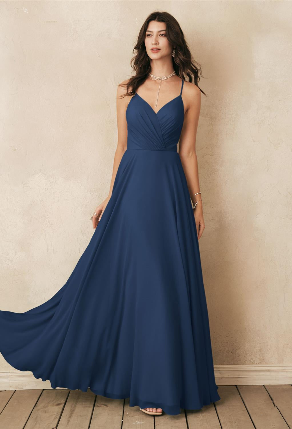 A Melody - Chiffon Bridesmaid Dress - Off the Rack in navy blue can be found at Bergamot Bridal, a bridal shop in London.