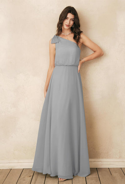 A woman wearing a grey Robina - Chiffon Bridesmaid Dress - Off The Rack visited Bergamot Bridal, a bridal shop in London.