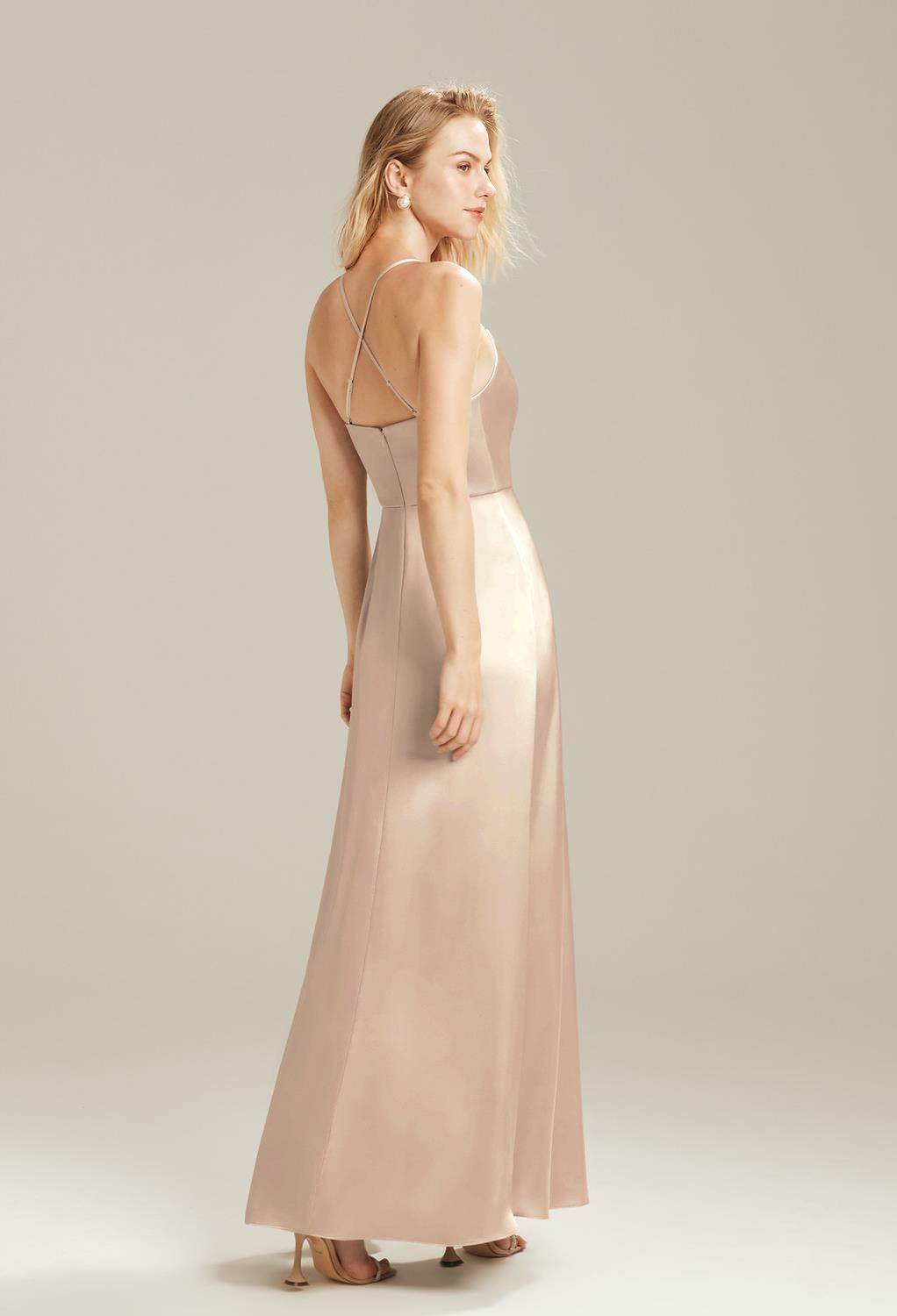 The view of a woman wearing a Kora - Satin Charmeuse Bridesmaid Dress - Off The Rack gown by Bergamot Bridal.