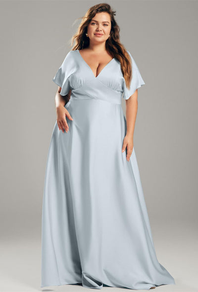 Plus size Nora - Satin Charmeuse Bridesmaid Dress - Off The Rack in light blue available at Bergamot Bridal shops in London.