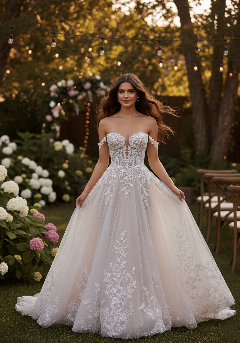 A woman in Bergamot Bridal’s Floral Tulle A-line Gown with Off The Shoulder Sleeves stands in a flower-filled garden adorned with string lights.