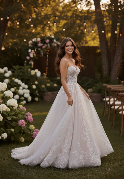A woman in the Bergamot Bridal Floral Tulle A-line Gown with Off The Shoulder Sleeves stands on grass near blooming hydrangeas, with softly glowing string lights and trees in the background.