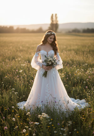 A woman wearing the Bergamot Bridal Floral Tulle A-line Gown with Off The Shoulder Sleeves stands in a sunlit field, holding wildflowers and adorned with a floral headband.