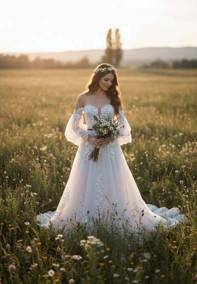A woman wearing the Bergamot Bridal Floral Tulle A-line Gown with Off The Shoulder Sleeves stands in a sunlit field, holding wildflowers and adorned with a floral headband.