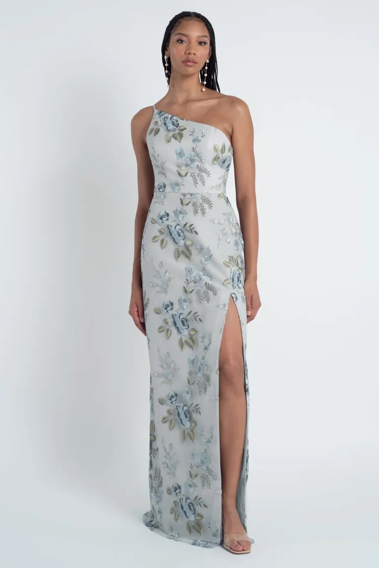 Woman in an enchanted Bristol - Jenny Yoo Bridesmaid Dress with slit from Bergamot Bridal.