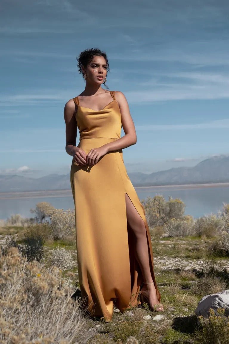 A woman in an elegant Gina bridesmaid dress by Jenny Yoo from Bergamot Bridal, posing in a natural landscape with mountains in the background, featuring a slim A-line skirt and cowl neckline.